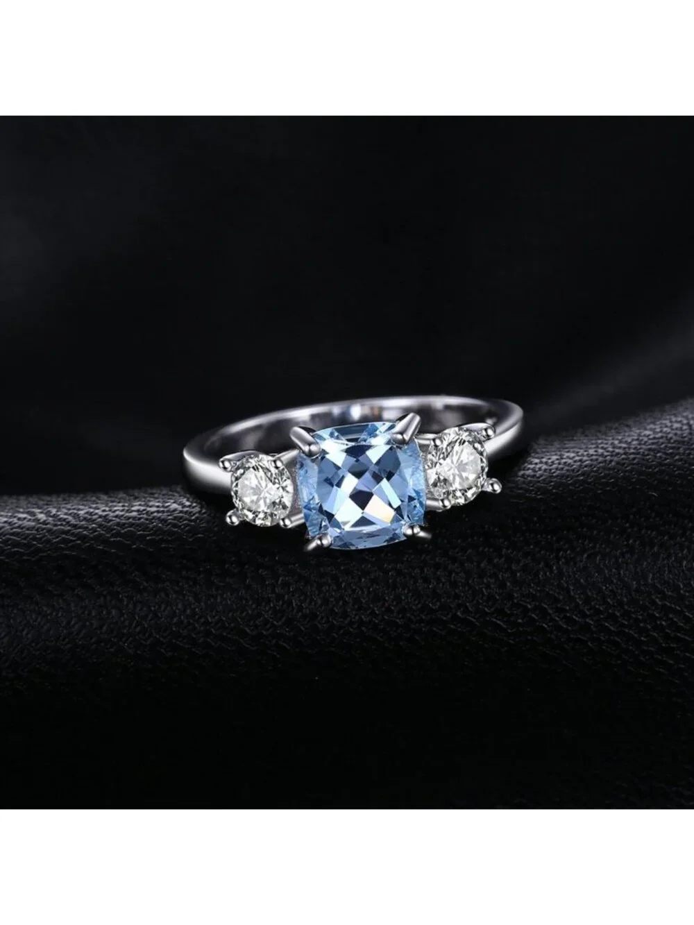 Cushion Cut 2.6ct Blue Topaz 3-Stone Ring, 14K Gold Plated Sterling Silver